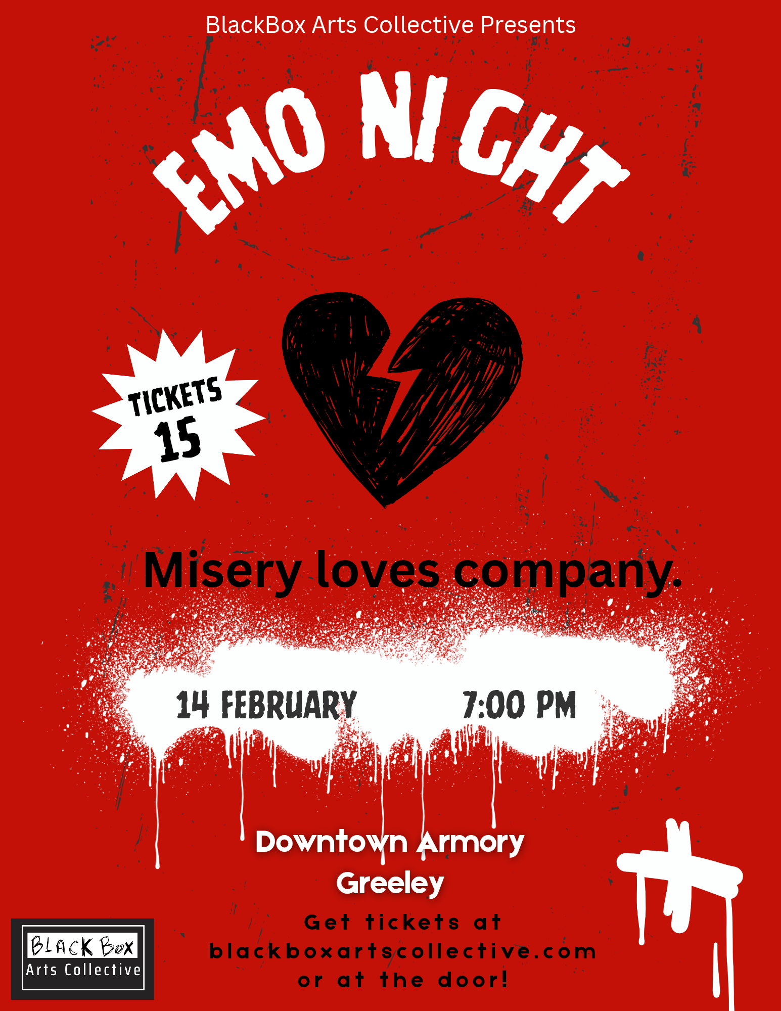 Promotional poster for 'Emo Night' event with ticket price, date, and location on a red background.